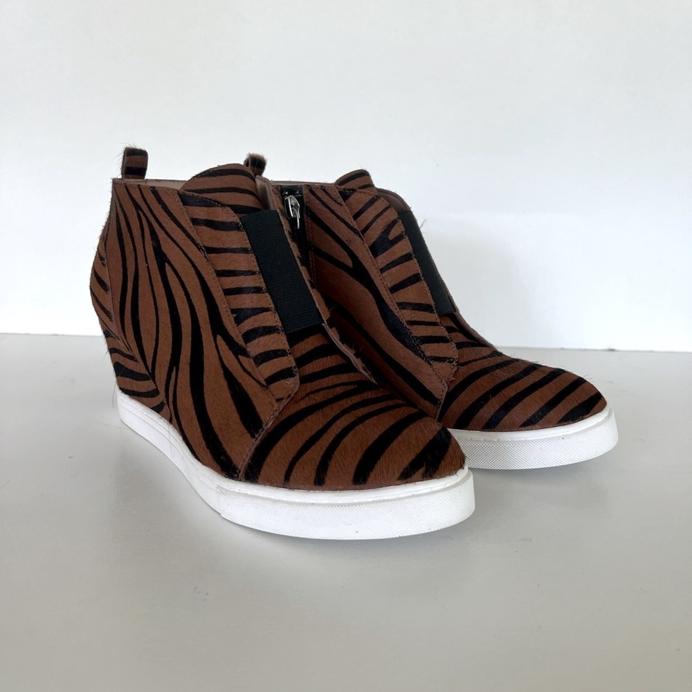 Linea Paolo Felicia III Wedge Sneaker, Caramel/Black Tiger Stripe Calf Hair, 7.5